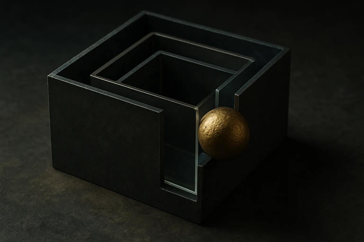 a set of nested boxes with a small side channel meant to pass an object straight through, but the object stuck between t