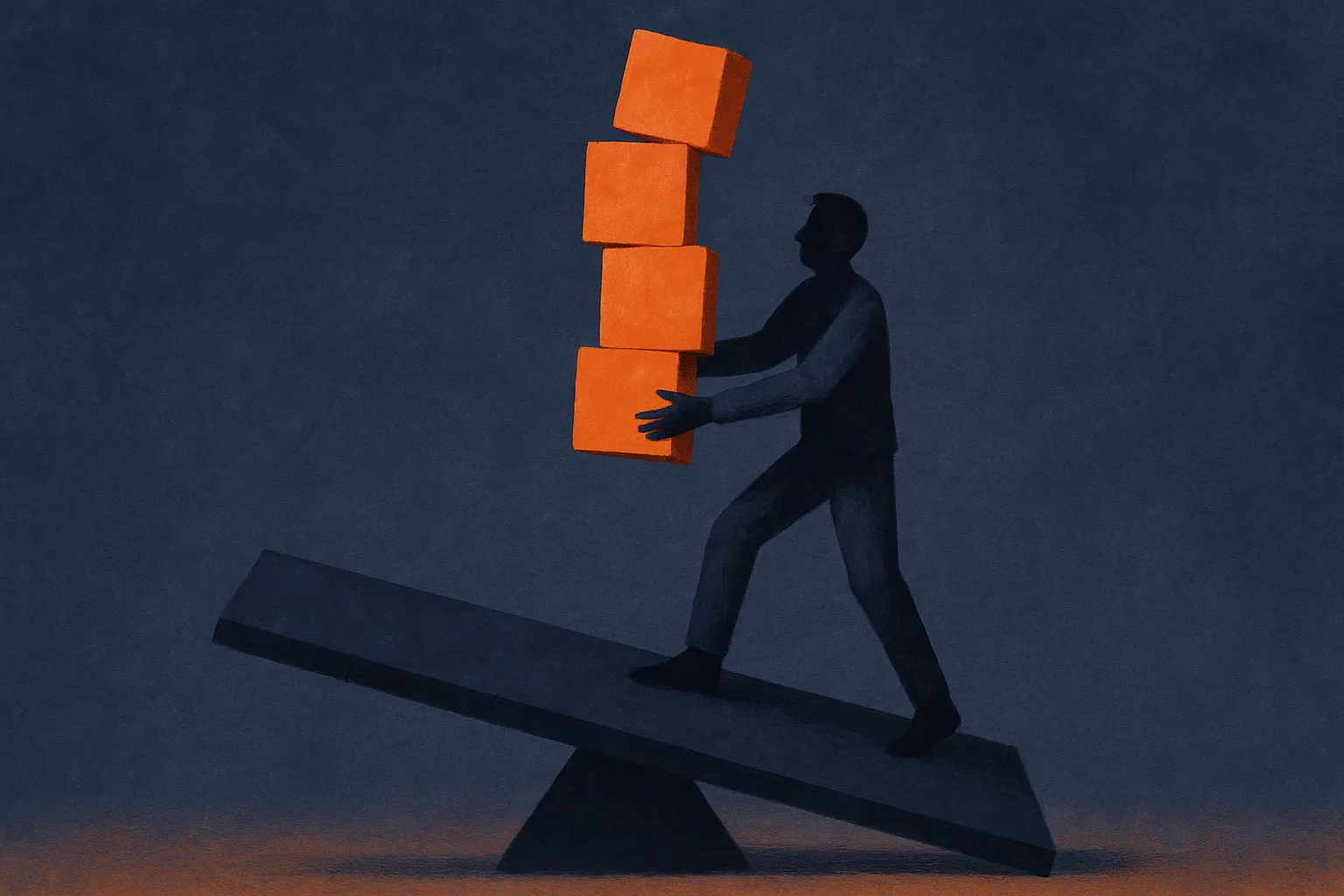 a person standing on a floor that is subtly tilting beneath them while they try to balance a stack of blocks
