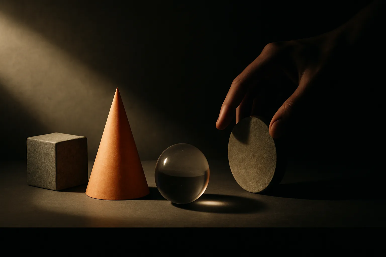 a spotlight brightening shapes already near the front of a stage, contrasted with a hand reaching into shadow at the bac