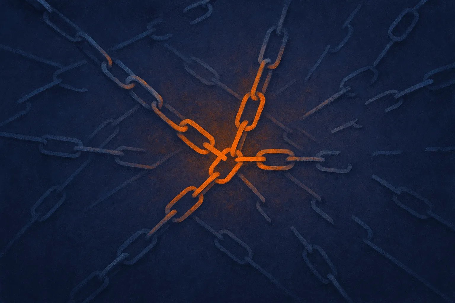 a web of scattered links, some glowing and connected, some faded and broken