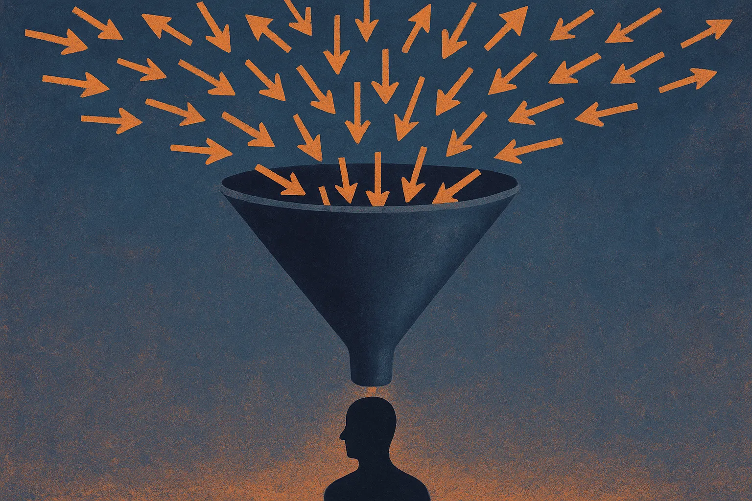 a funnel where the wide top pours in many options and the narrow neck is a single human choice