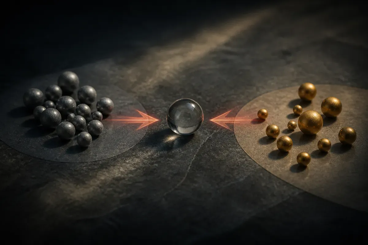 scattered points being pushed apart from each other so they settle into two separate clusters instead of bunching into o