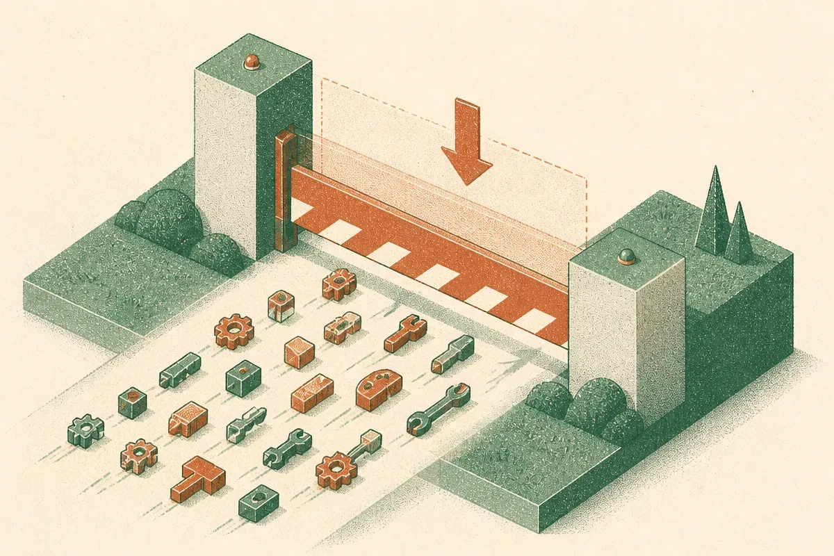 a tall barrier lowering so many small tool-shaped objects can now cross it