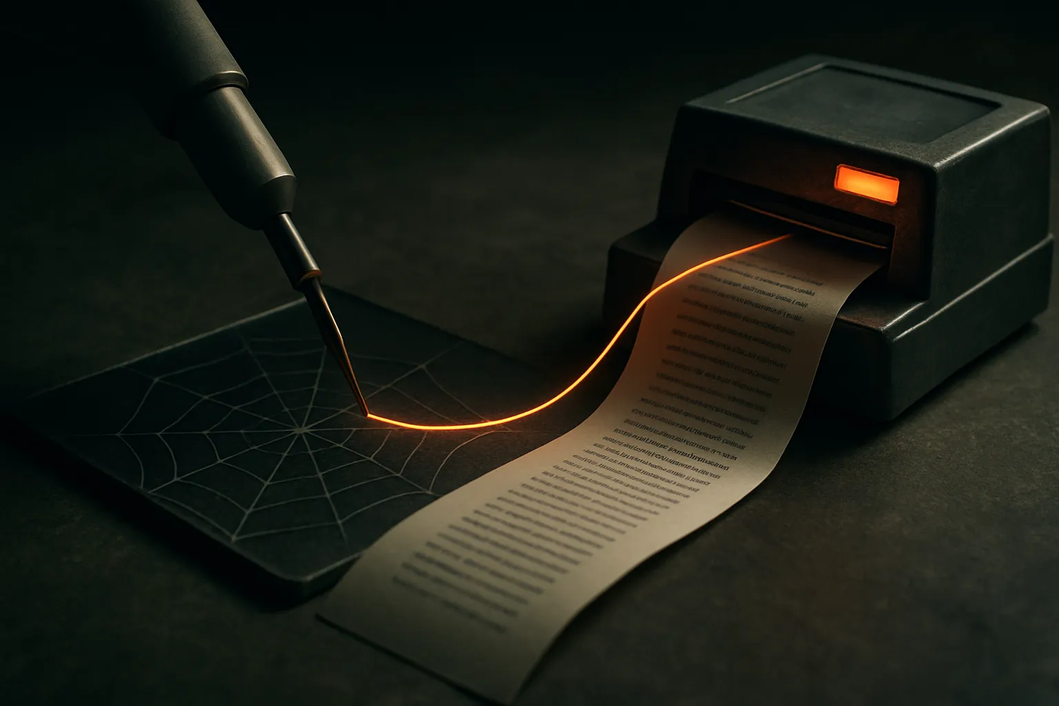 two machines connected by a single clean handoff, one machine tracing a path through a web, the other turning that path 