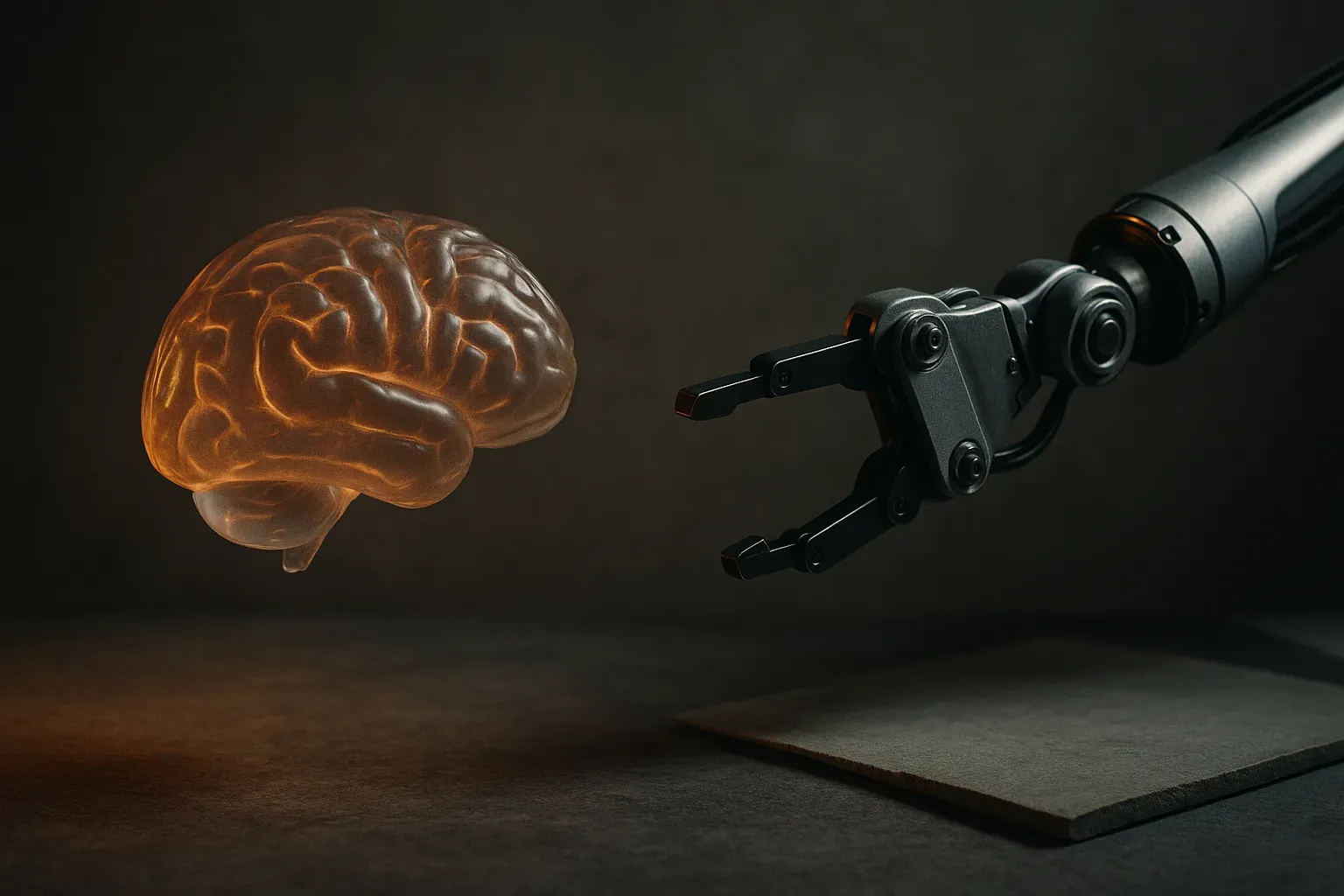 a robotic arm reaching toward an object, with a wide translucent gap separating a floating brain-like shape from the arm