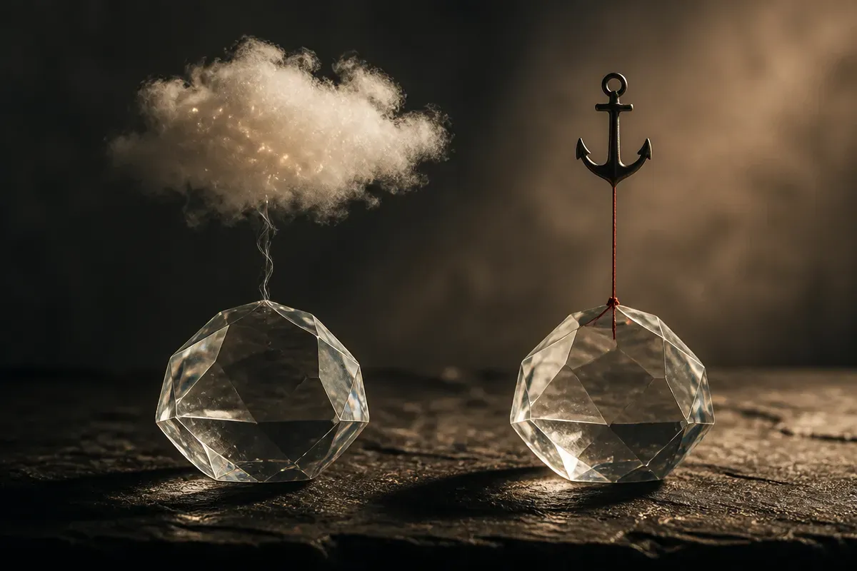 two nearly identical objects side by side, one softly labeled by a fuzzy description cloud that fits both, the other pin