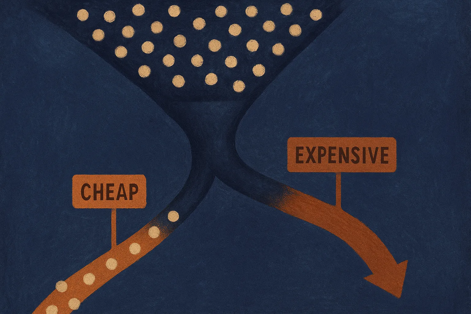a decision router splitting many small requests toward a cheap path and a few requests toward an expensive path