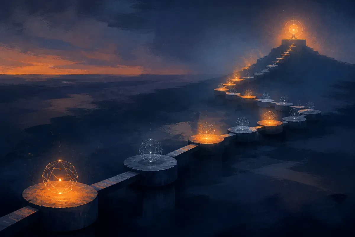 a long chain of connected checkpoints, some lit and some dark, versus a single lit endpoint