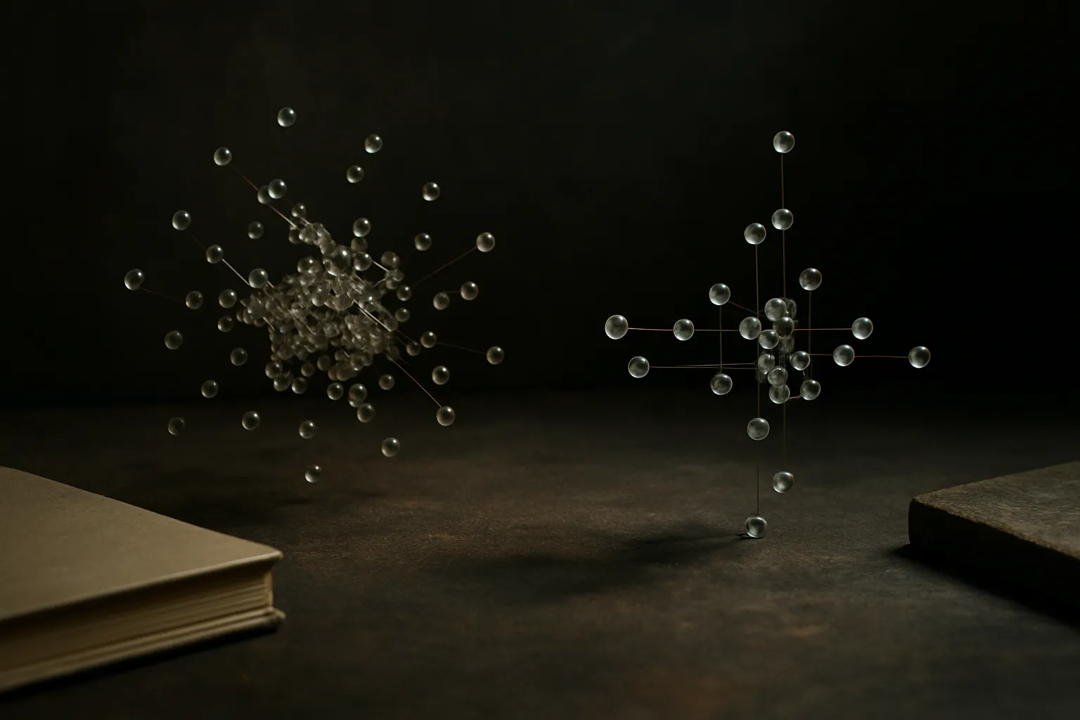 two clouds of points, one diffuse and scattered evenly in all directions, the other compressed along a few clear axes