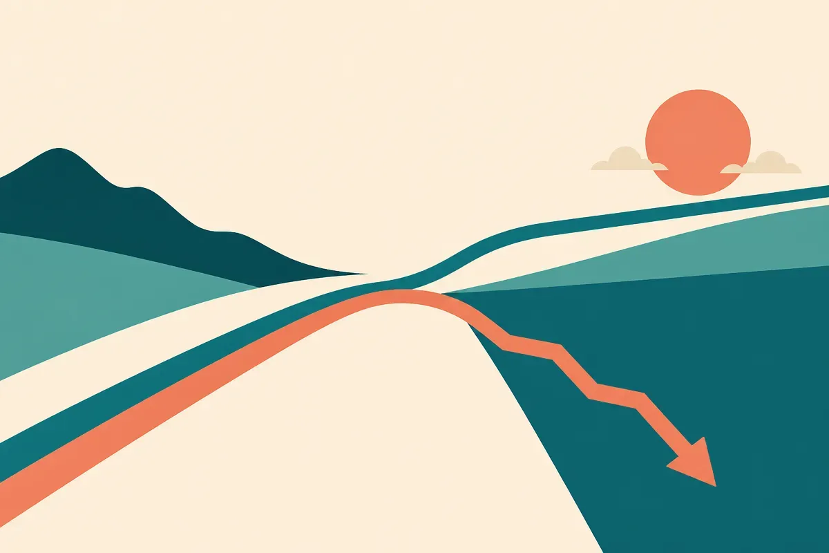 two lines that briefly move together then split apart, one steady and one falling