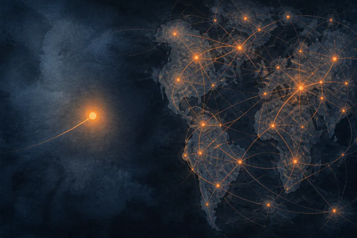 a single glowing node that a viewer can trace easily versus a tangled web of connected nodes spreading across many regio