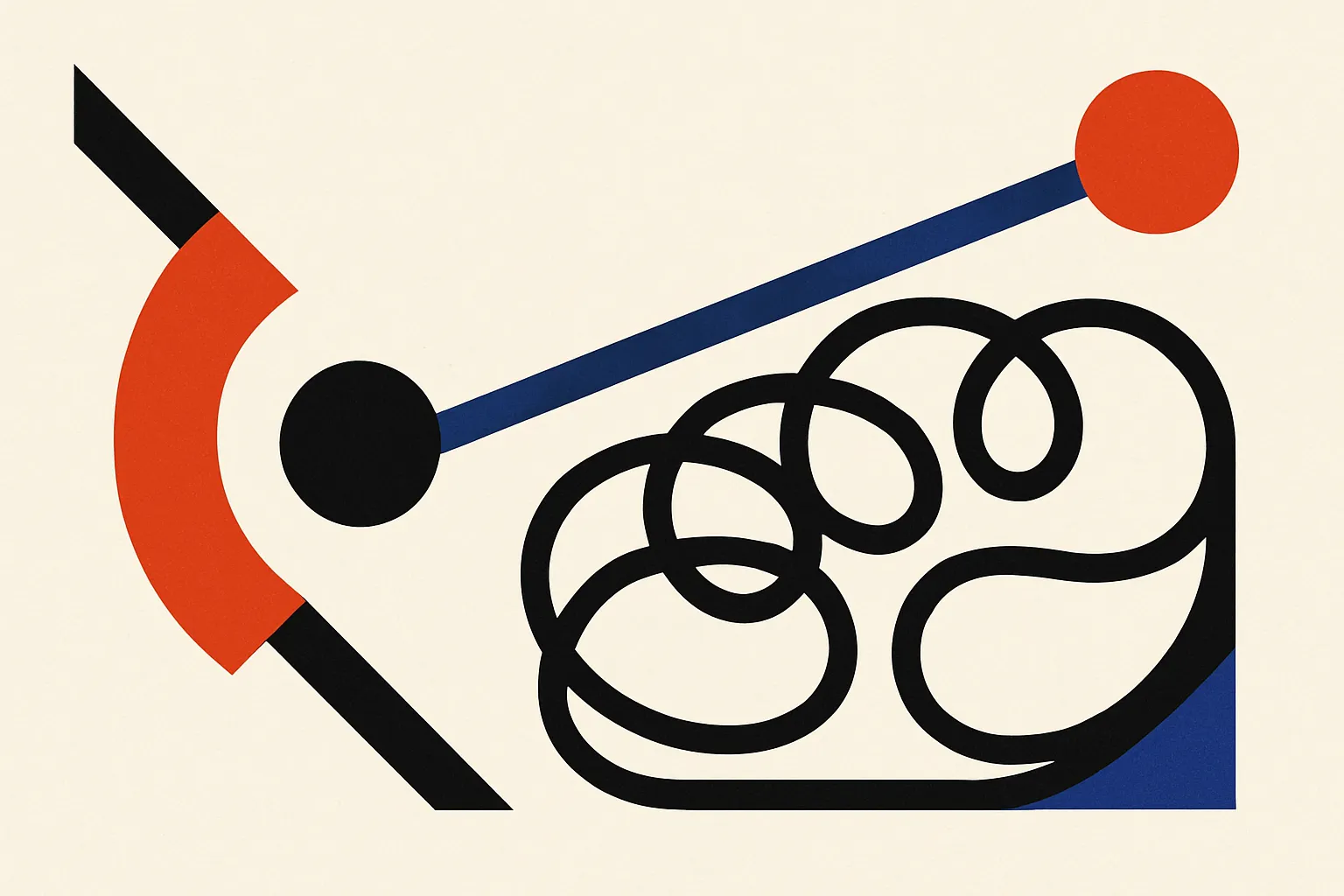 two paths from start to finish, one short and straight, the other looping back on itself many times before reaching the 