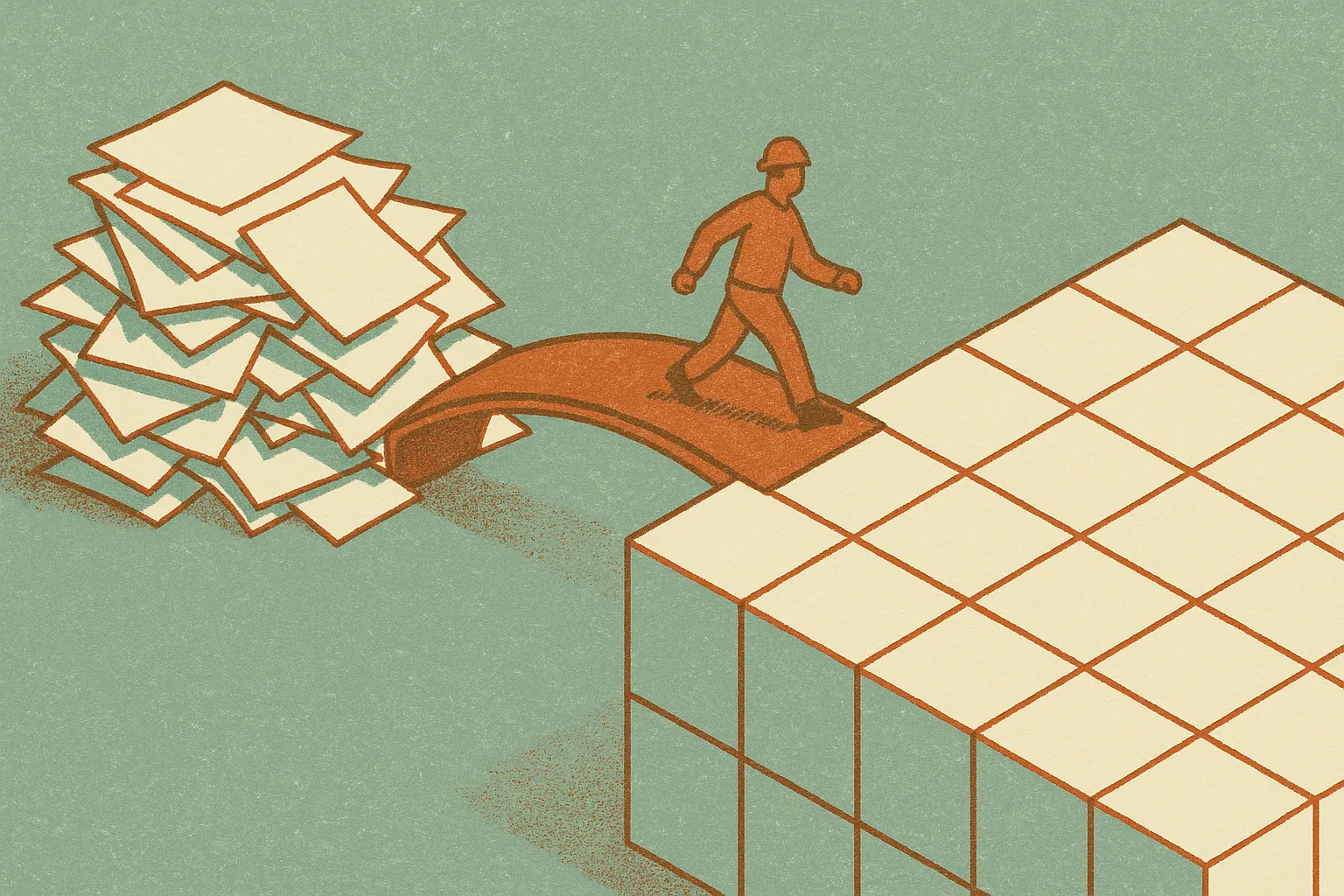 a messy pile of documents on one side, a clean grid on the other, with a small worker bridge forming between them