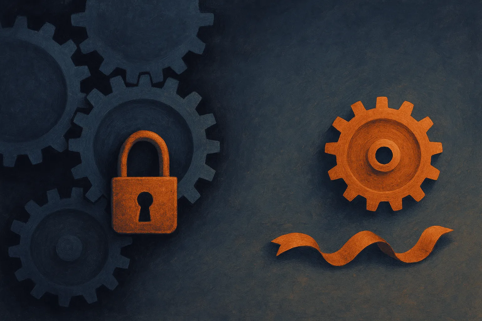 a network of interlocked gears where one gear is held still by a physical lock, forcing the others to stop, versus a sep