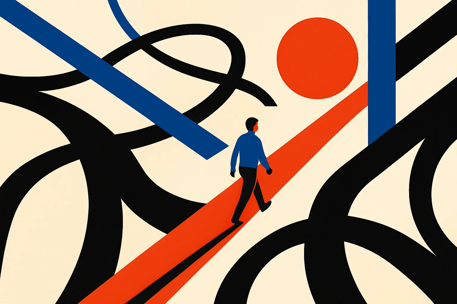 a single figure choosing a smooth well-lit path while the surrounding varied paths fade into shadow