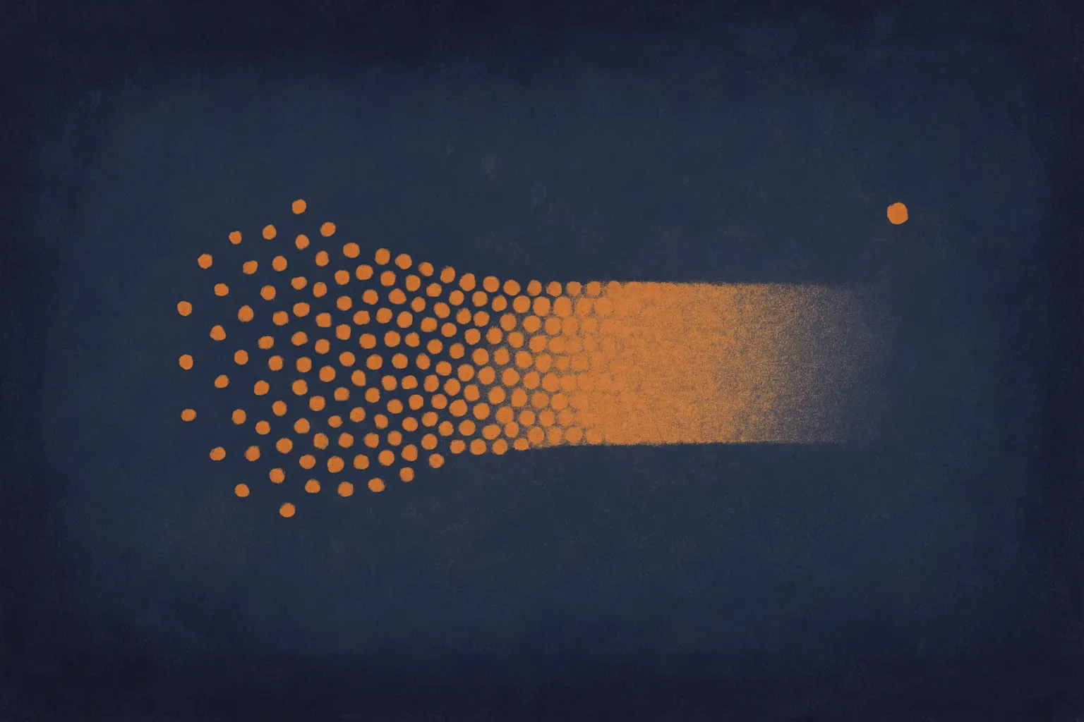 a cluster of points collapsing into one indistinguishable band, with a few points pulling clearly apart at one edge