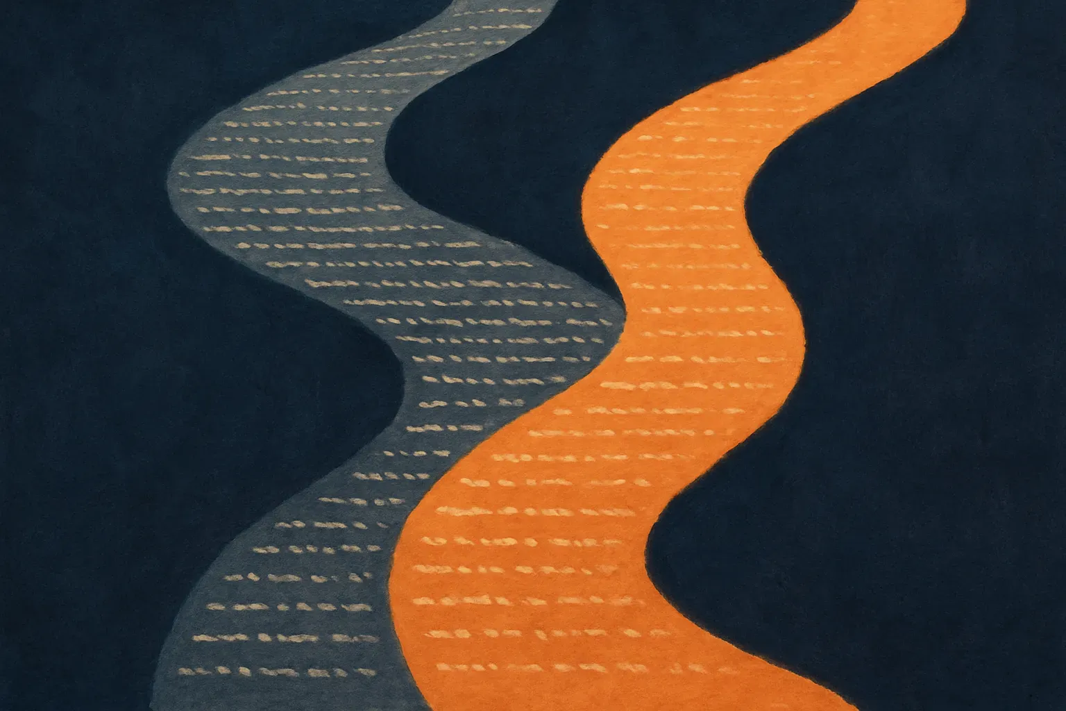 two rivers of text merging, one clear stream absorbing the shape and current of the other