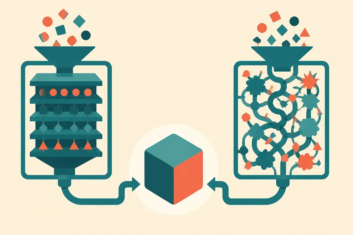 two identical output shapes emerging from two very different internal machines, one orderly and layered, one chaotic
