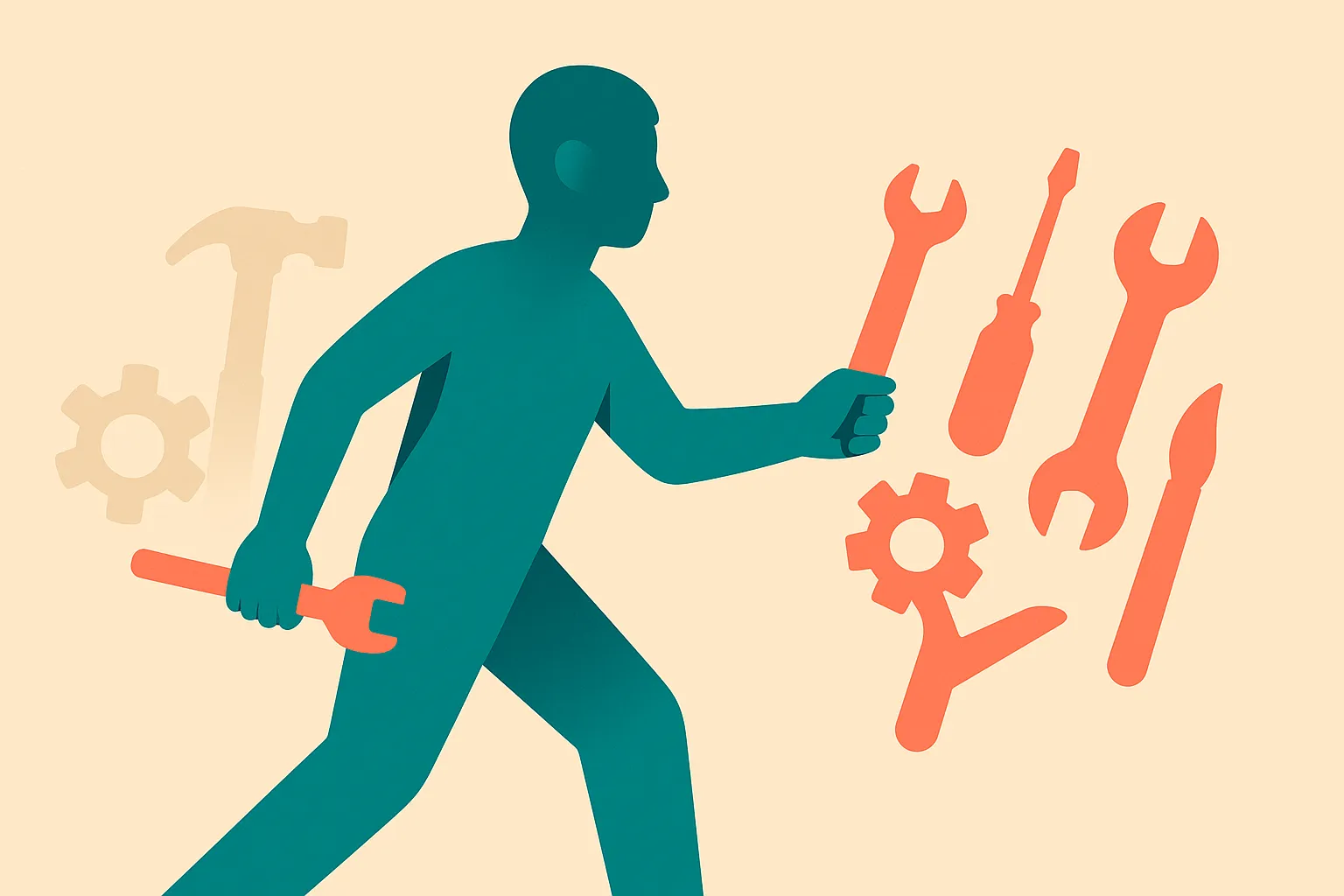 a figure's set of available tools shifting mid-motion, some fading out while new ones appear