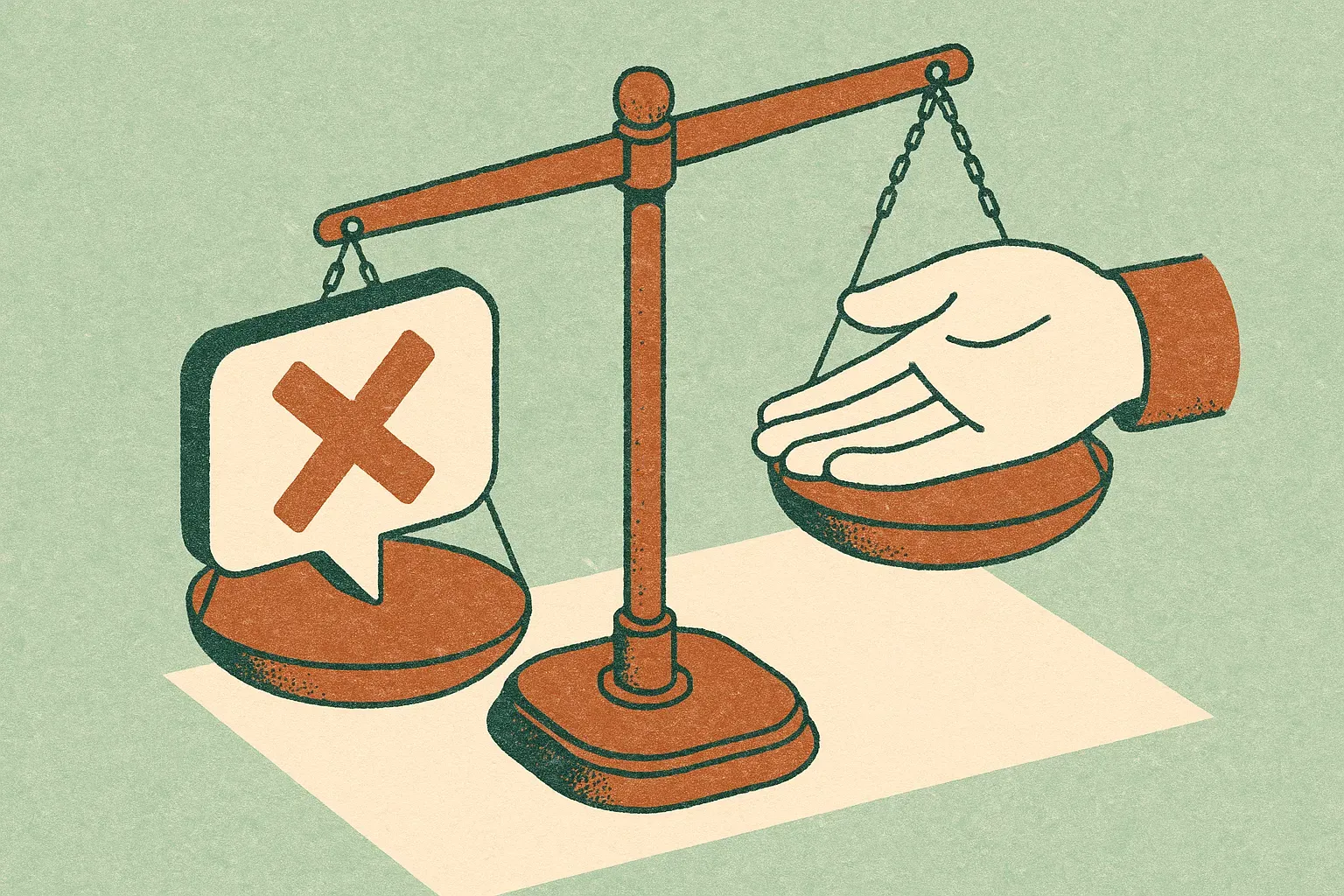 a set of scales weighing a wrong confident answer against a handoff to a human