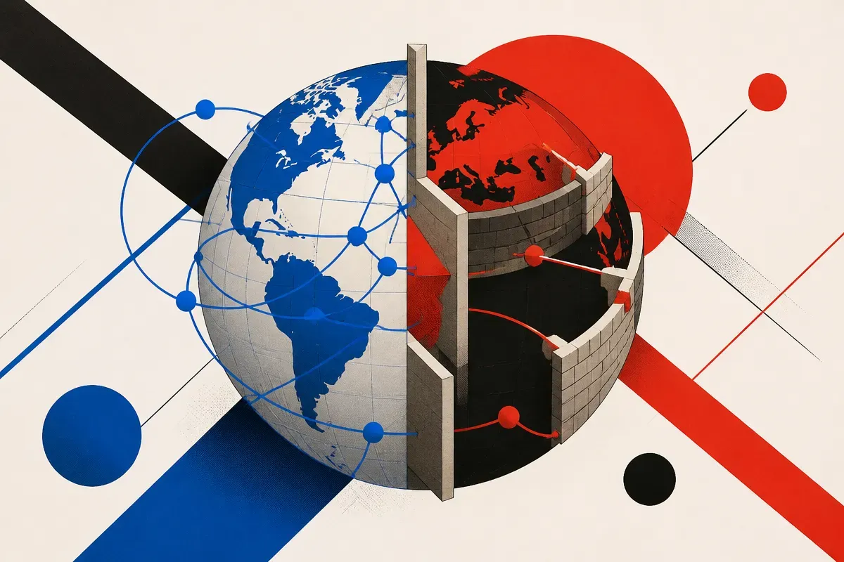 a single globe split into regions where some information paths are open and others are walled off