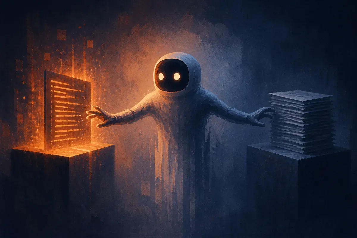 an agent reaching for two inputs, the source code and a stack of documentation, but only the code input is lit up as it 