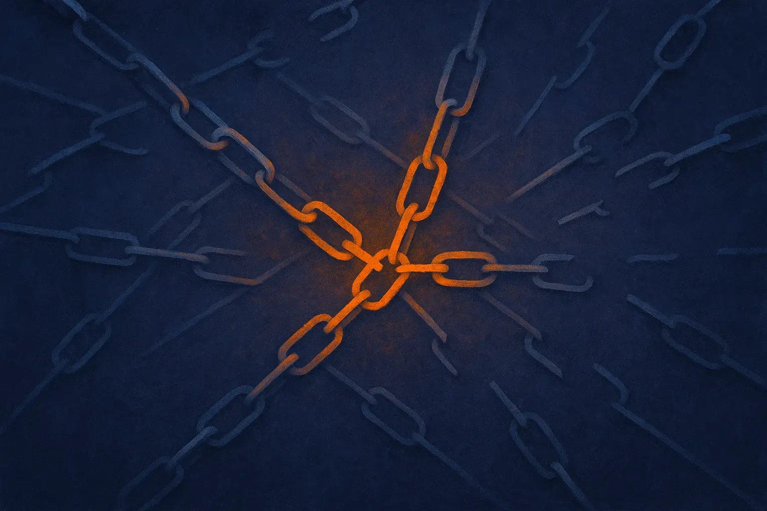 a web of scattered links, some glowing and connected, some faded and broken