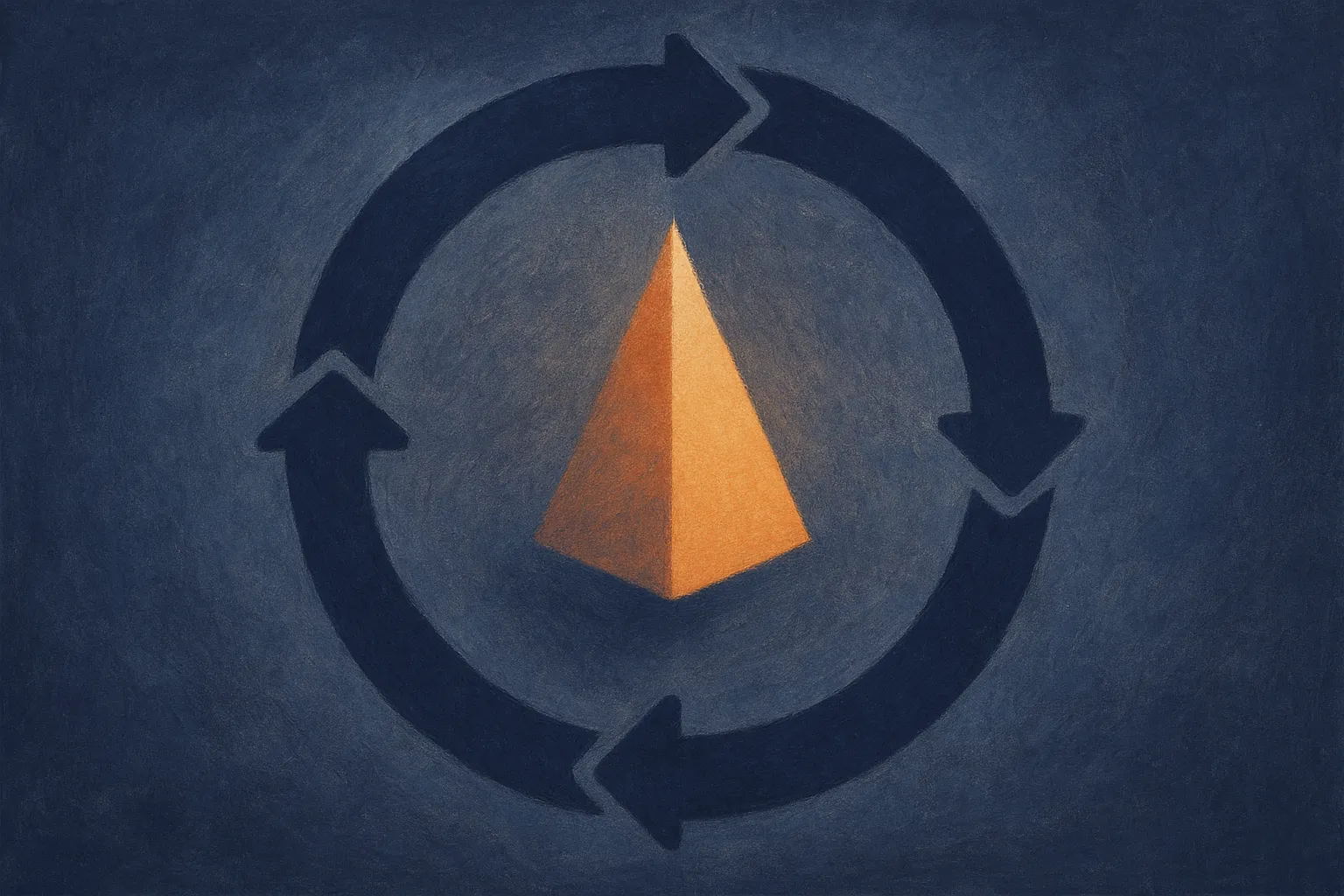 a loop of four connected stages feeding a central shape that gradually sharpens