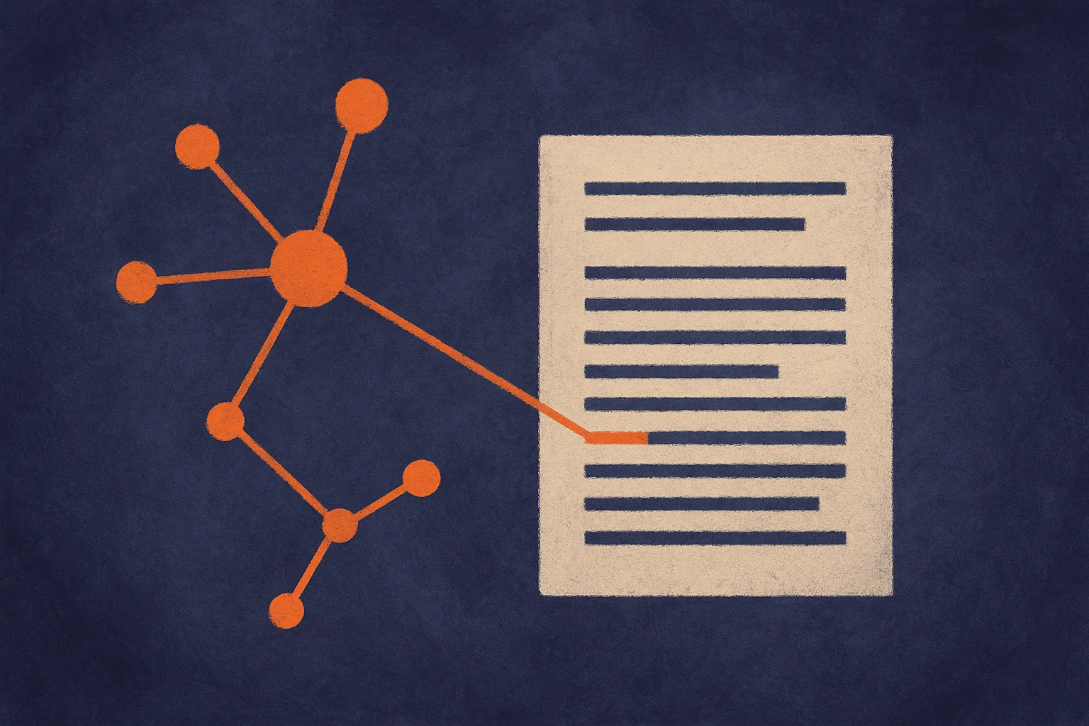 a web of connected nodes acting as an index, with each node linked back by a thin line to a passage in an original docum