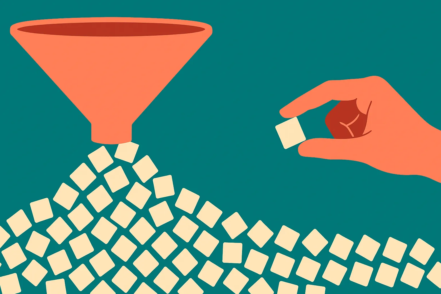 a wide funnel pouring out many identical small shapes, with one hand pulling a single shape aside to inspect it