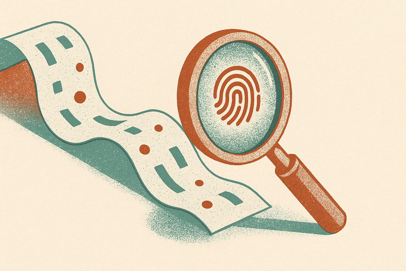 a hidden mark being read out of a flowing ribbon of abstract output by a small lens