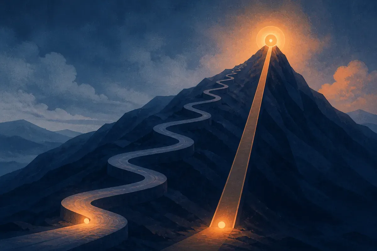 two parallel paths to the same destination, one long and winding, one short and direct, meeting at a single endpoint