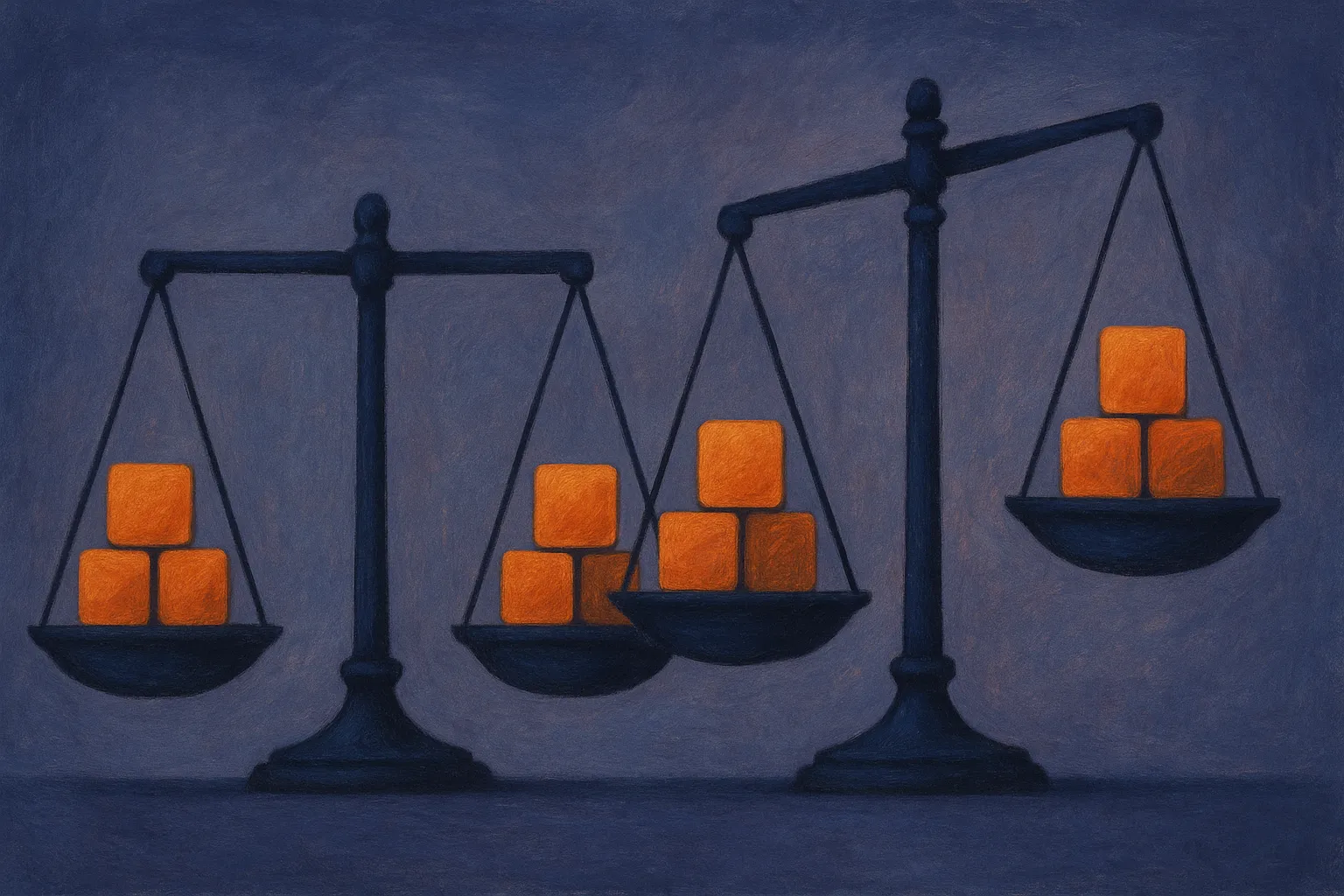 two balanced scales, one weighing equal amounts, the other weighing unequal costs tilting the balance point