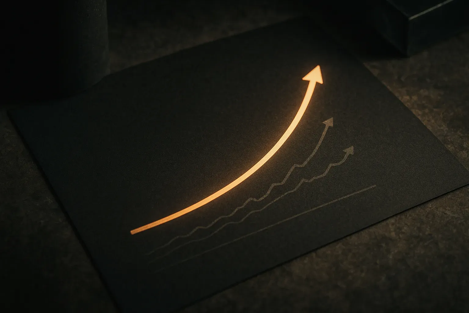 an upward curve with faint dropped-out paths beneath it