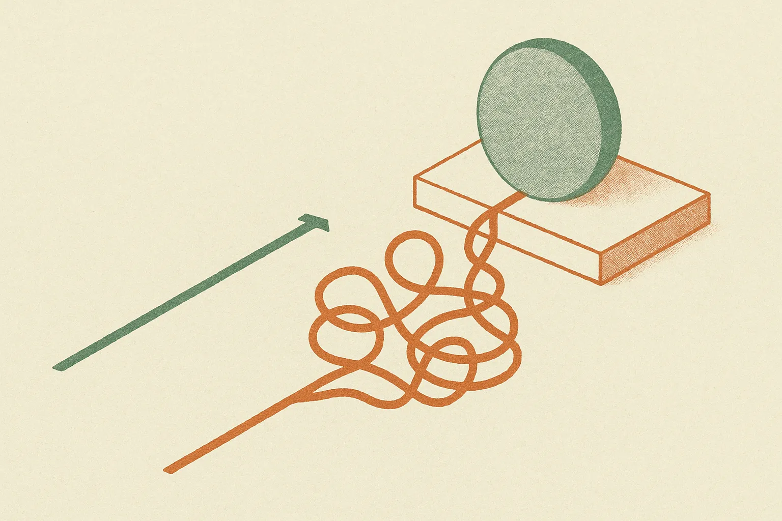 two side by side workflows, one a straight simple line, the other a branching tangled path, converging at the same endpo