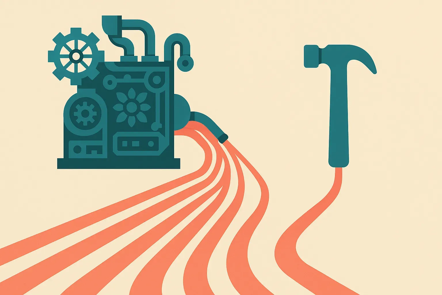 an ornate elaborate machine and a plain simple tool producing streams that converge, with the plain tool's stream flowin
