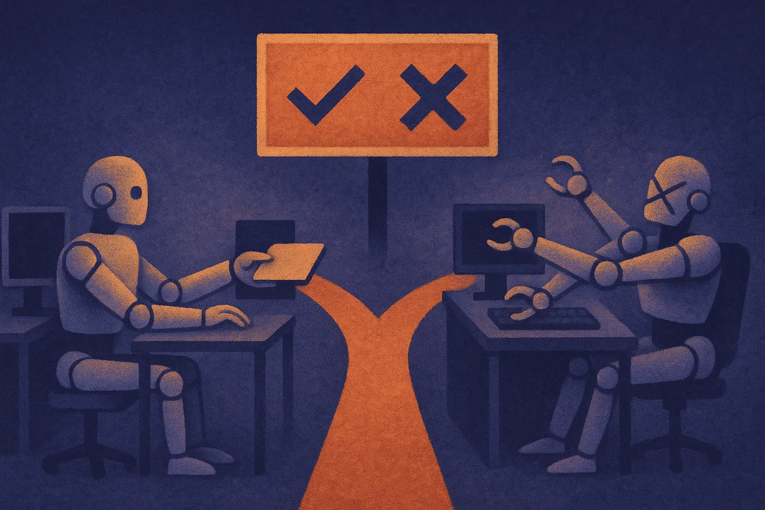 two side-by-side robot workspaces, one with a clean coordinated handoff, one with arms colliding, separated by a decisio