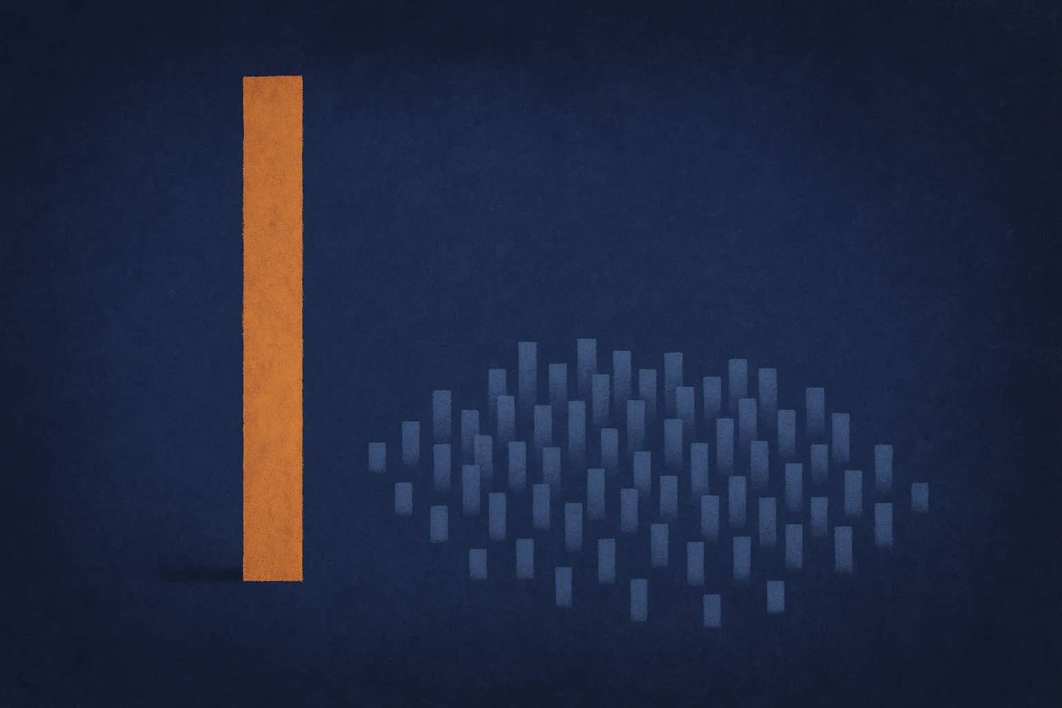 a single tall bar next to a wide scattered cloud of shorter bars representing the same measurement, showing spread hidde
