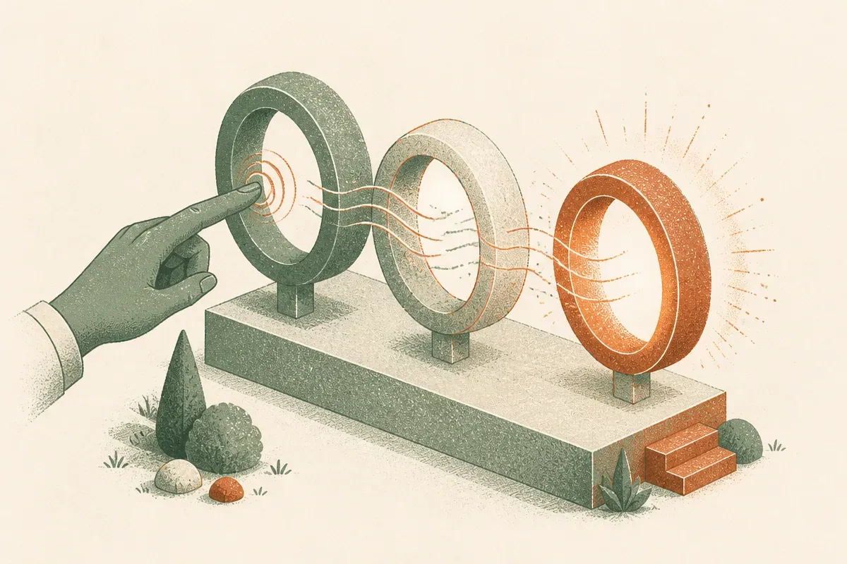 three linked rings in a row where touching the first ring sends motion through the middle ring into the third, which glo