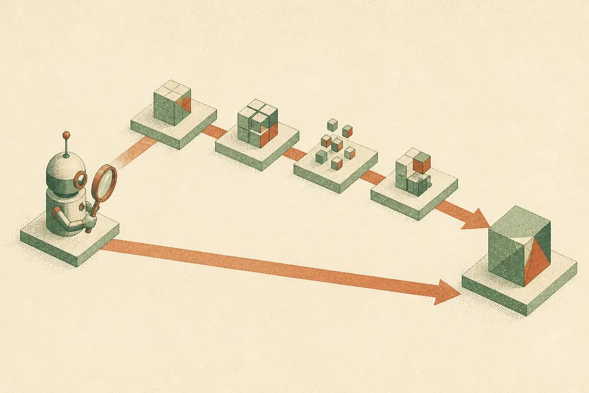 two inspection paths, one following a chain of steps, one reaching straight for the final changed object