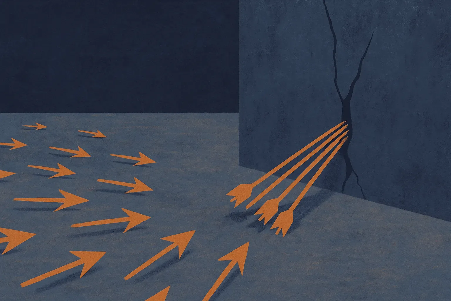 a wide scatter of arrows fanning across an open field versus a tight bundle of arrows all driving into a single crack in