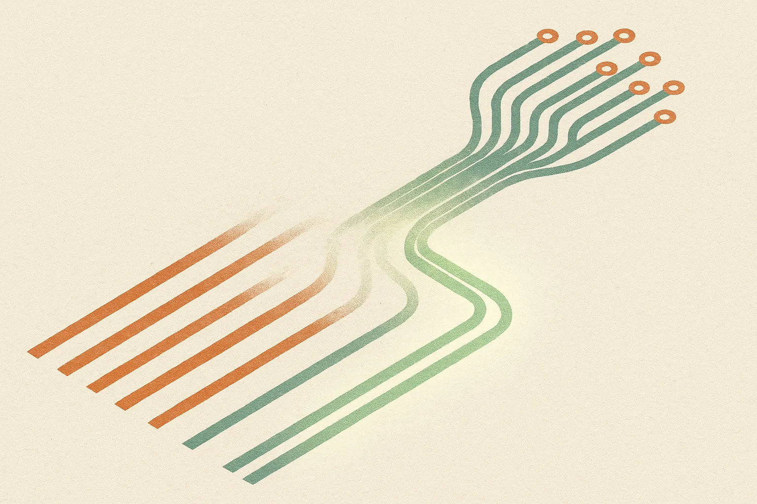 several parallel paths starting together, weaker ones fading out early while compute flows visibly toward the strongest