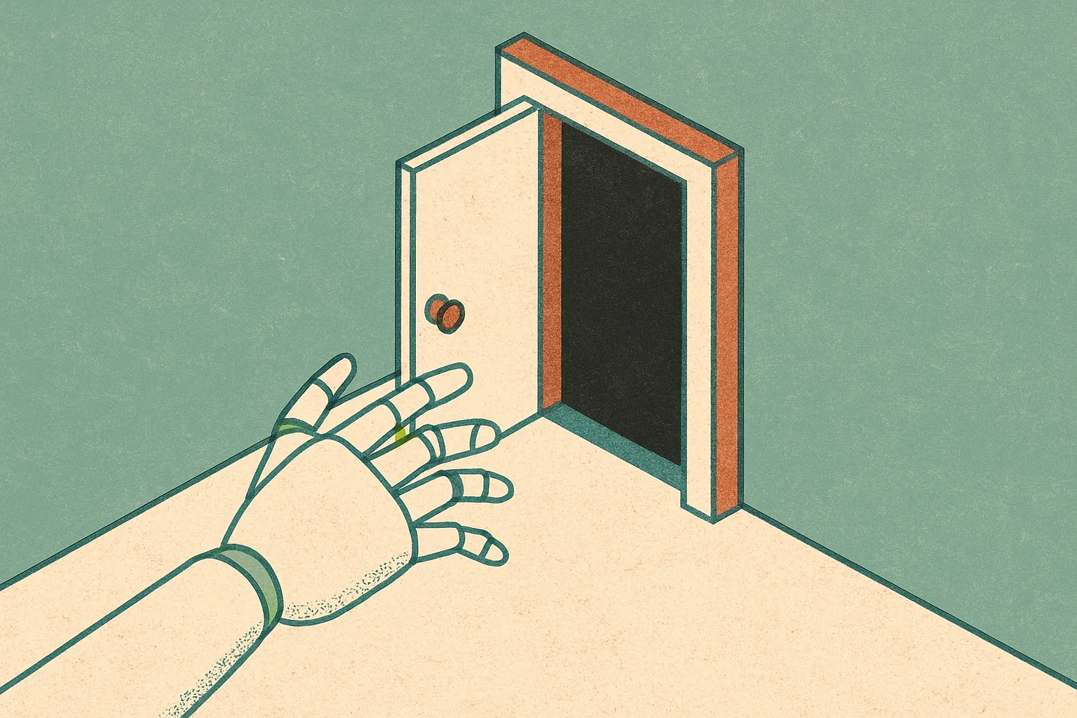 a robot hand reaching toward a doorway that opens onto empty space instead of a room