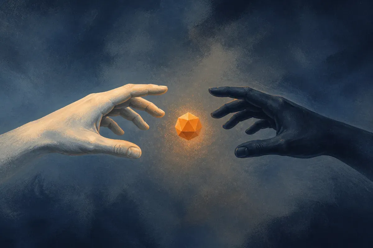 two hands reaching for the same small object from opposite sides, one shaded light and one dark