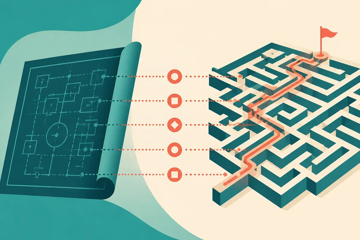 a hidden blueprint on one side generating a visible maze on the other, with checkpoints mapped between them