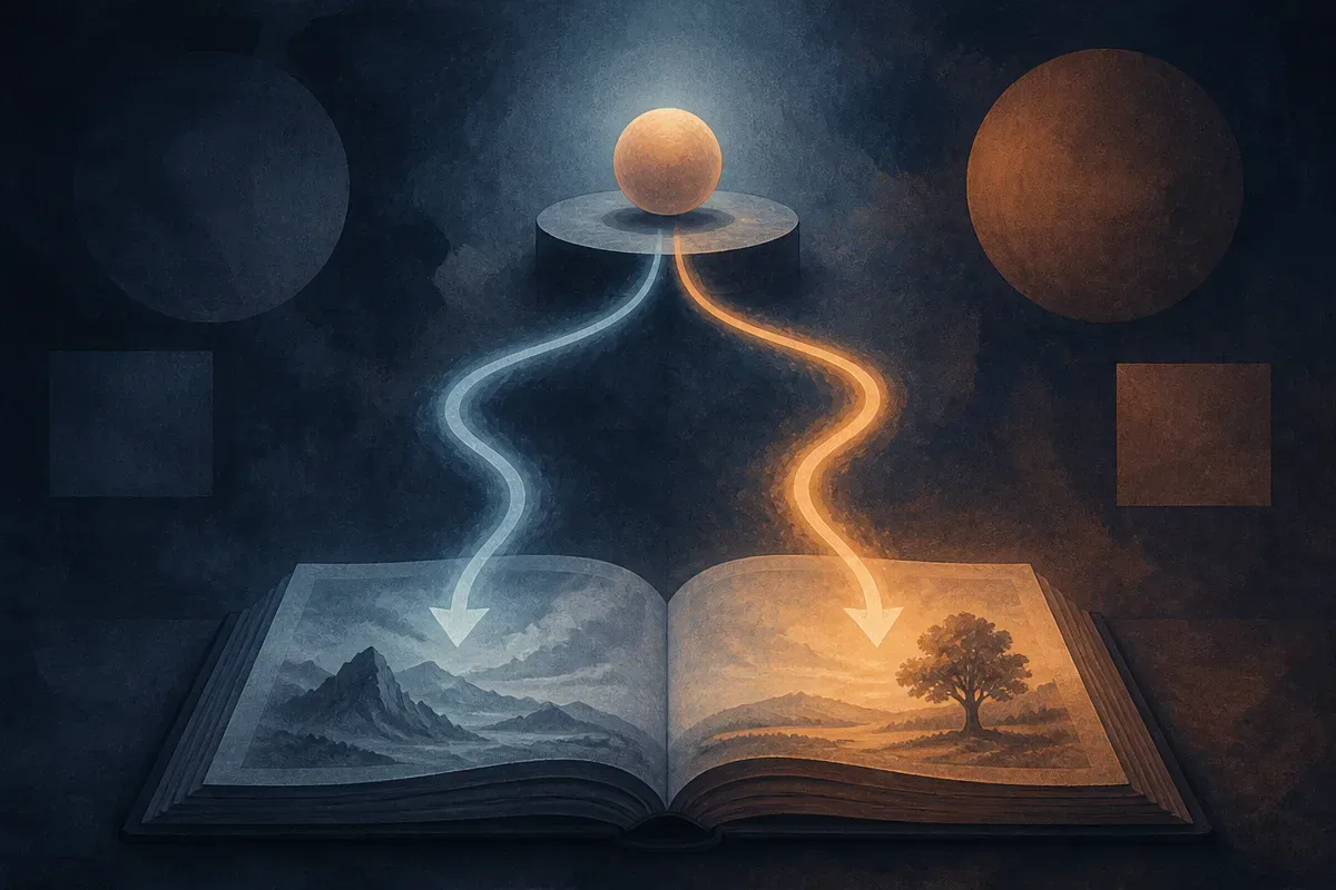 two different paths tracing back from one conclusion to different parts of a source, not overlapping