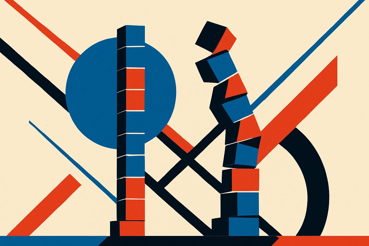 two towers built from stacked blocks, one growing taller and steady, the other taller in places but with blocks pulled o