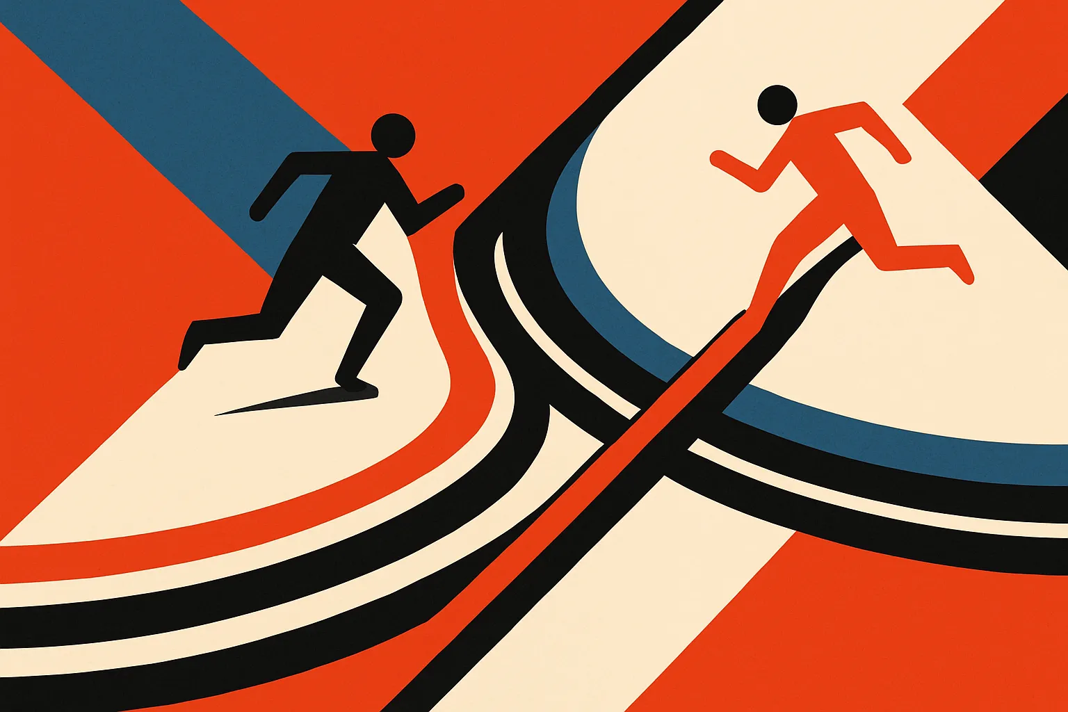 two runners on the same track diverging sharply at one point, one veering off, one turning back