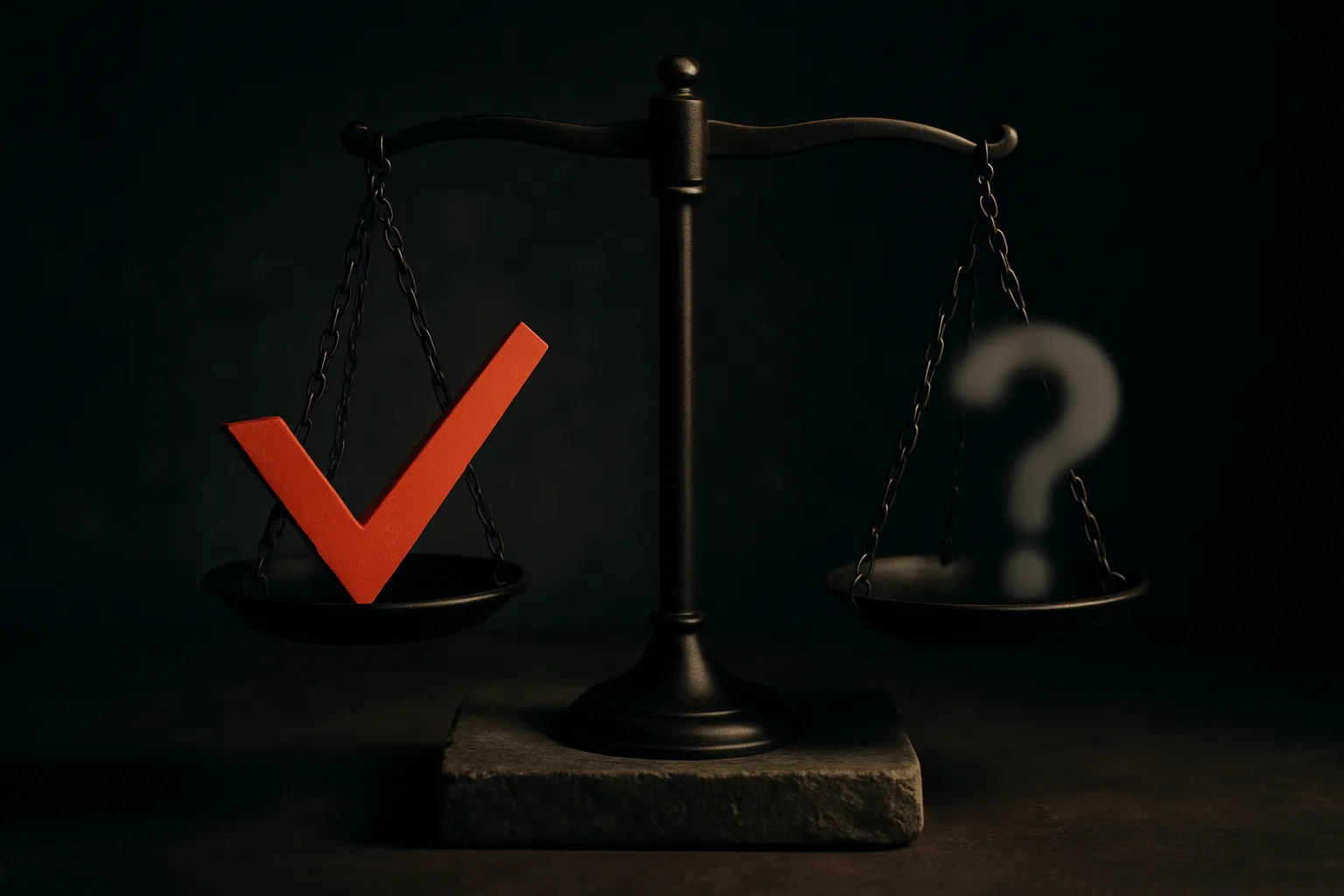 a balance scale with a sharp clean checkmark on one side and a blurry uncertain shape on the other, suggesting verifiabl