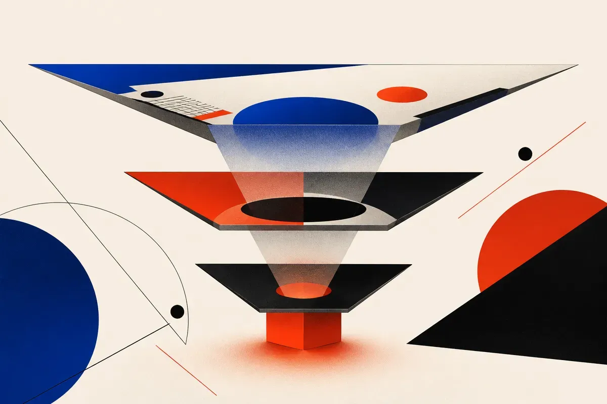 three stacked layers, a wide thin top layer narrowing to a small solid base, the base glowing